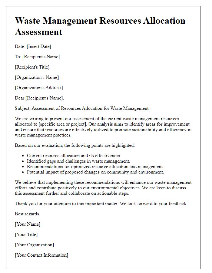 Letter template of assessment for waste management resources allocation