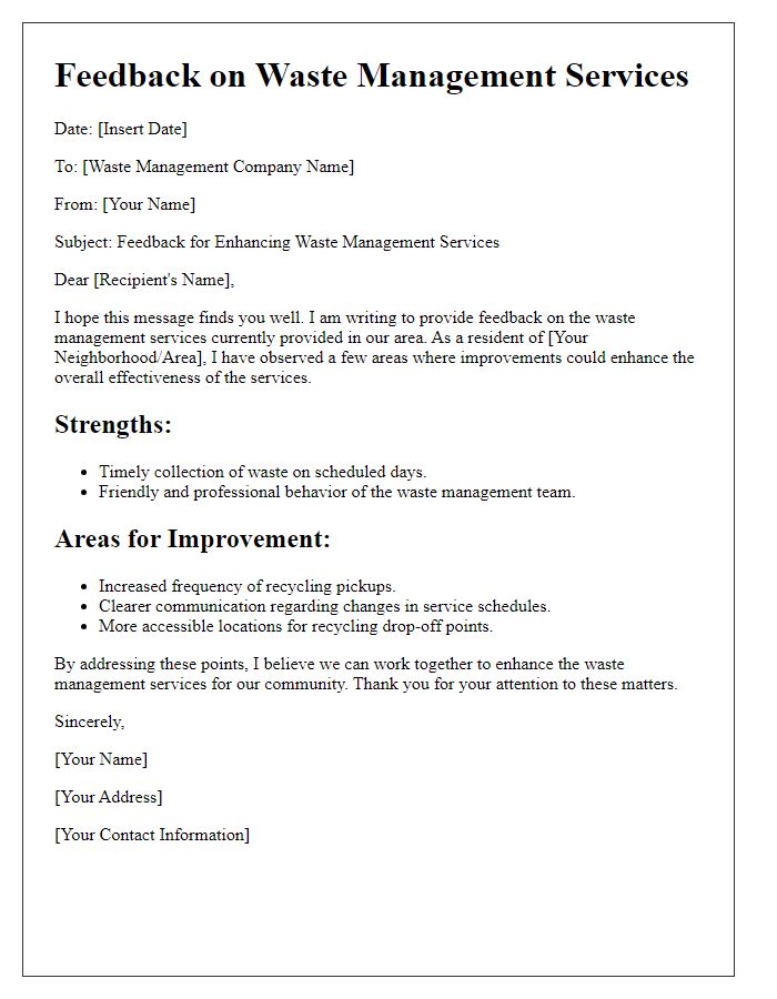 Letter template of feedback for enhancing waste management services