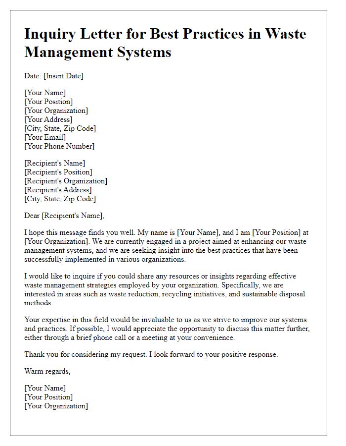 Letter template of inquiry for best practices in waste management systems