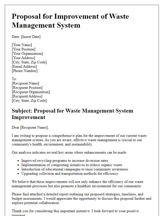 Letter template of proposal for waste management system improvement