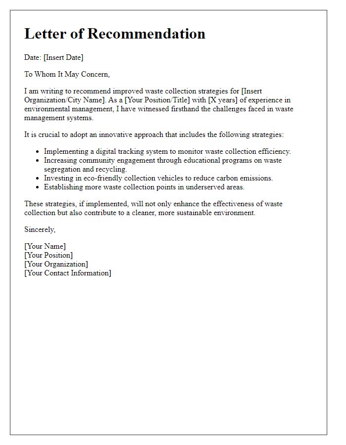 Letter template of recommendation for better waste collection strategies