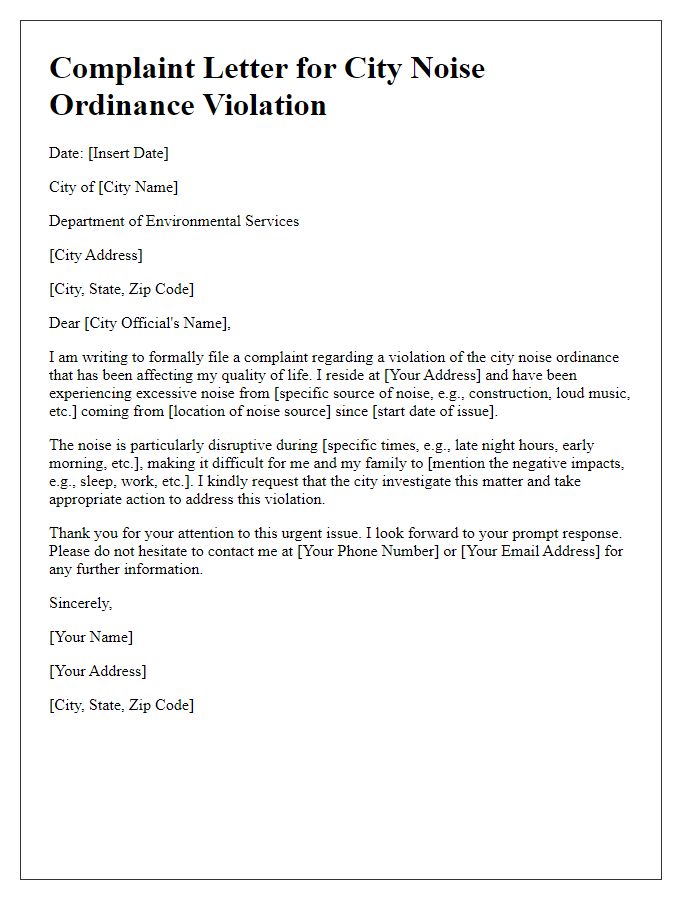 Letter template of complaint for city noise ordinance violation