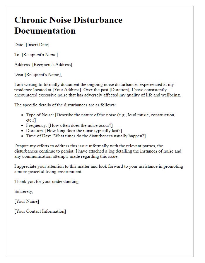 Letter template of documentation for chronic noise disturbances