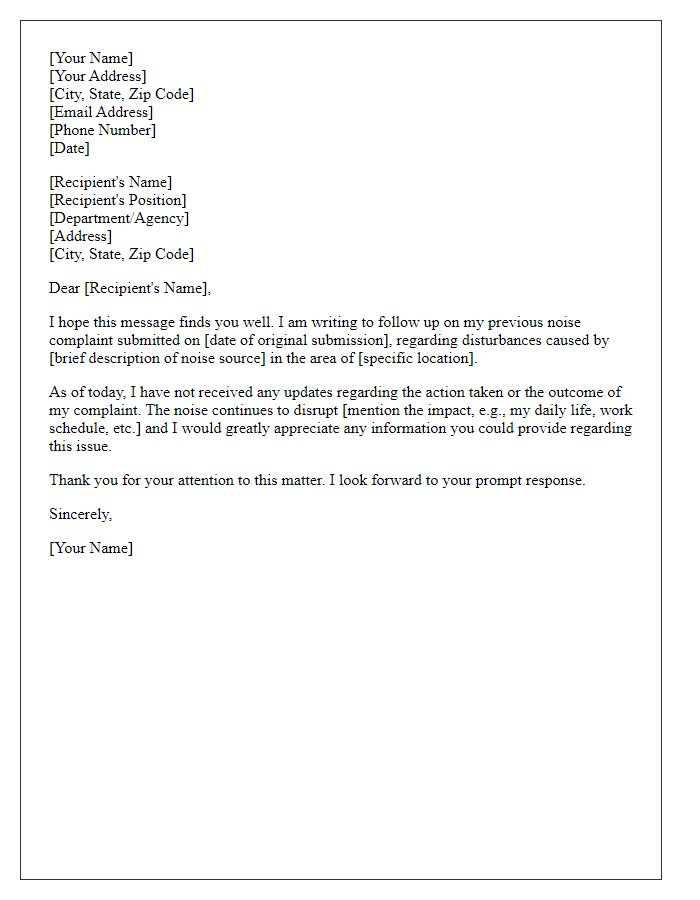 Letter template of follow-up on previous noise complaint submission