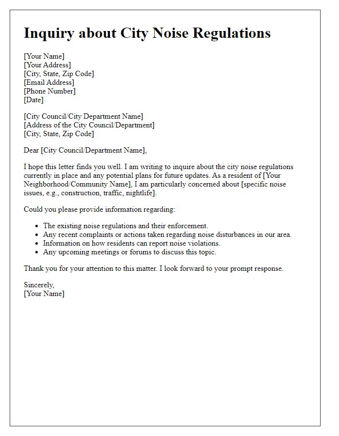 Letter template of inquiry about city noise regulations