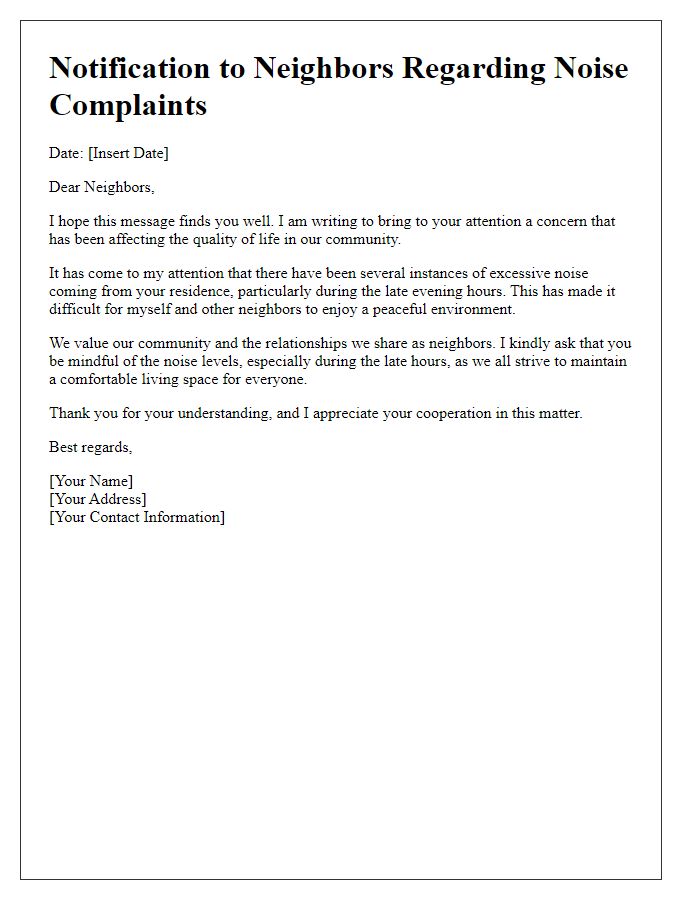 Letter template of notification to neighbors regarding noise complaints