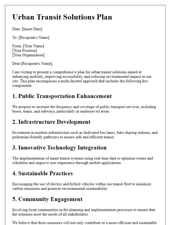 Letter template of comprehensive urban transit solutions plan.