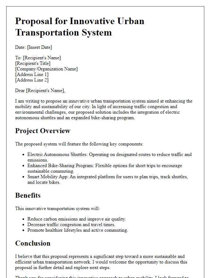 Letter template of innovative urban transportation proposal.