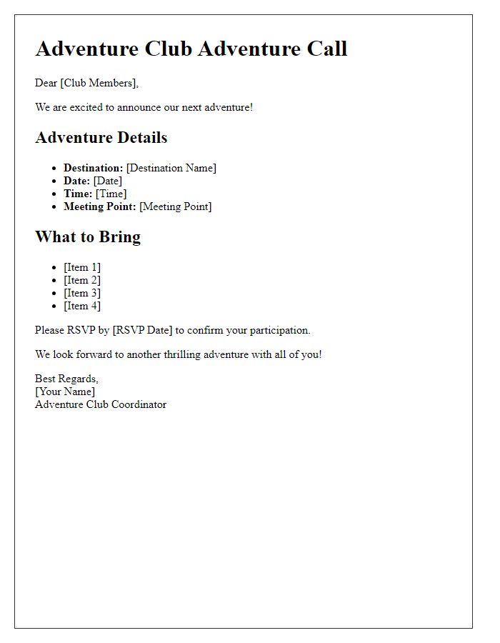 Letter template of adventure club adventure call