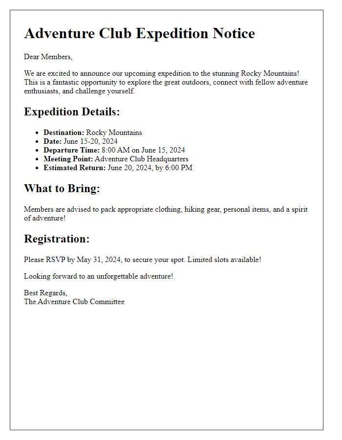 Letter template of adventure club expedition notice