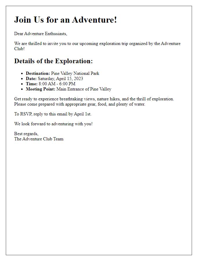 Letter template of adventure club exploration invite