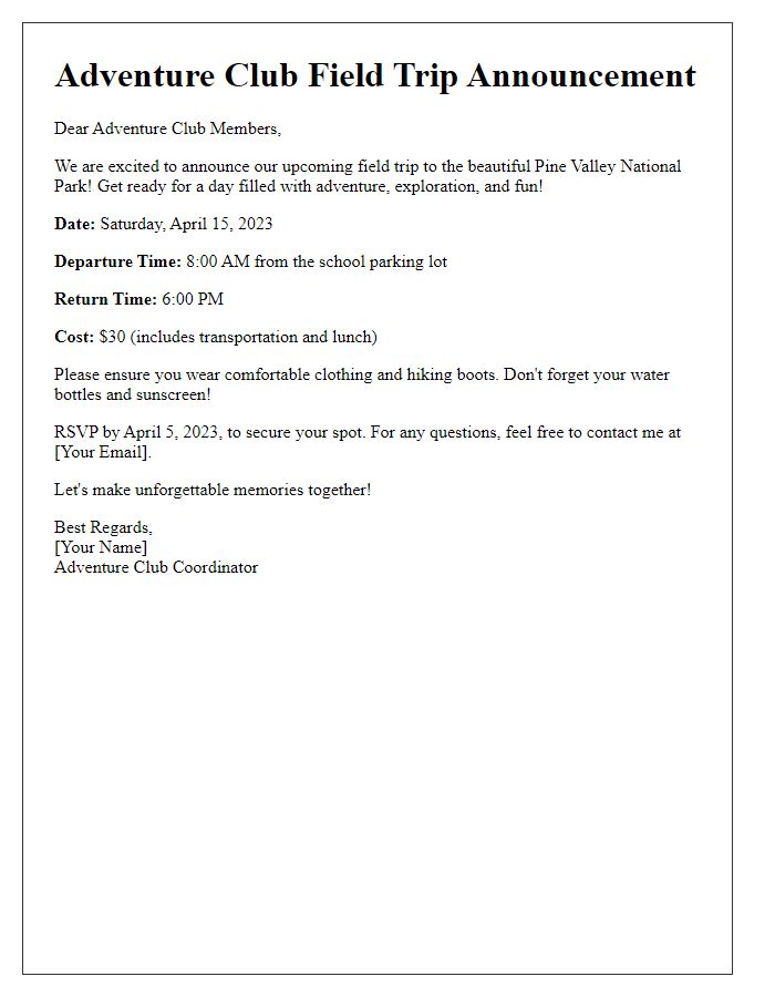 Letter template of adventure club field trip announcement