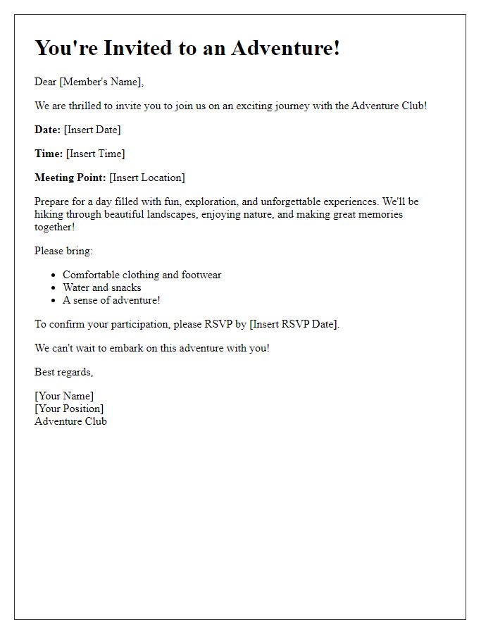 Letter template of adventure club journey invitation