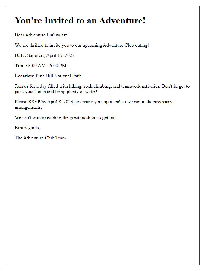 Letter template of adventure club outing invitation