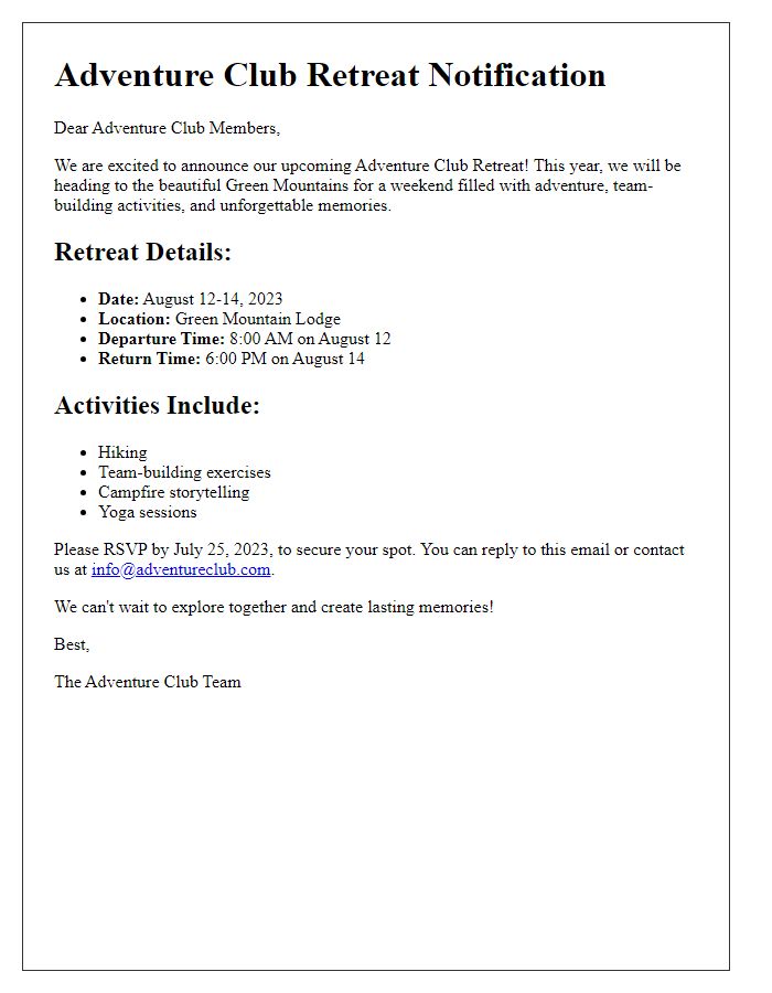 Letter template of adventure club retreat notification