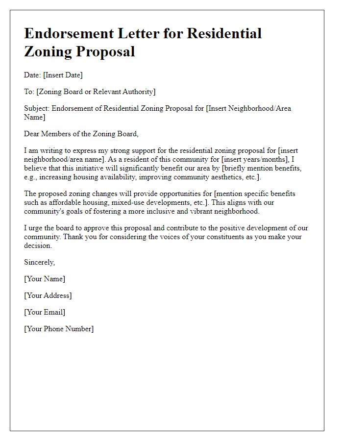 Letter template of endorsements for residential zoning proposals