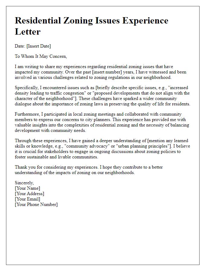 Letter template of experiences related to residential zoning issues