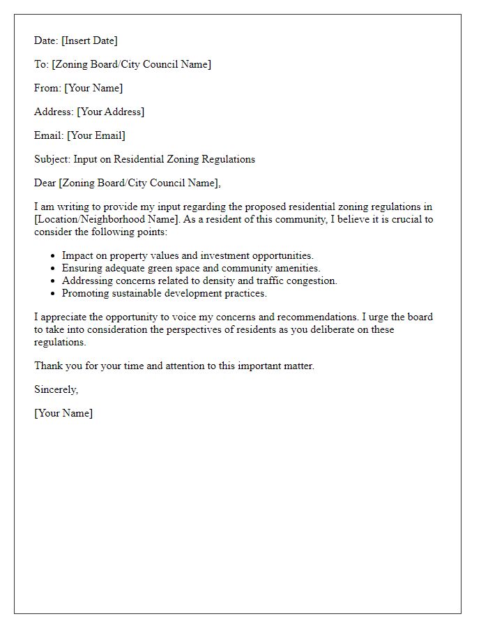 Letter template of input on residential zoning regulations