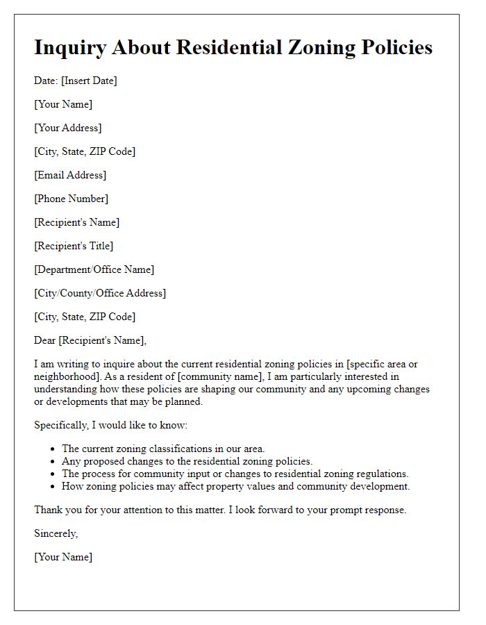 Letter template of inquiries about residential zoning policies