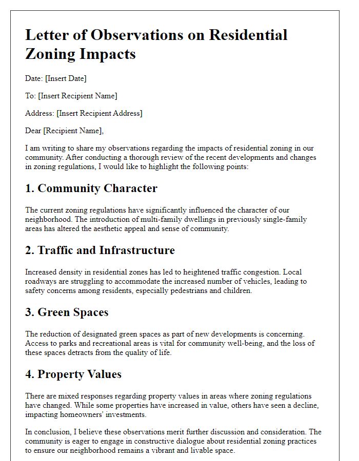 Letter template of observations on residential zoning impacts