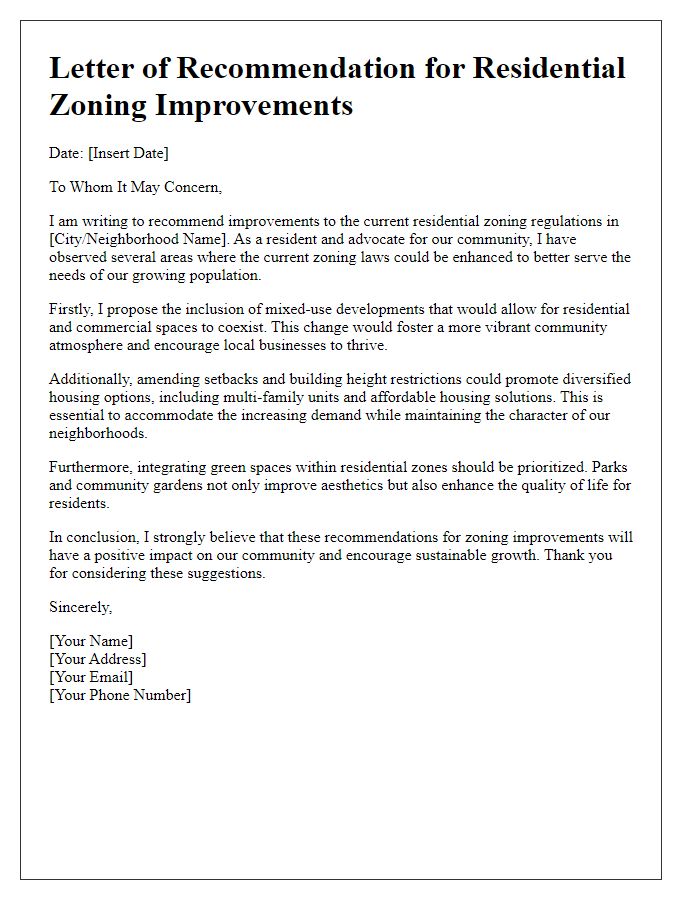 Letter template of recommendations for residential zoning improvements