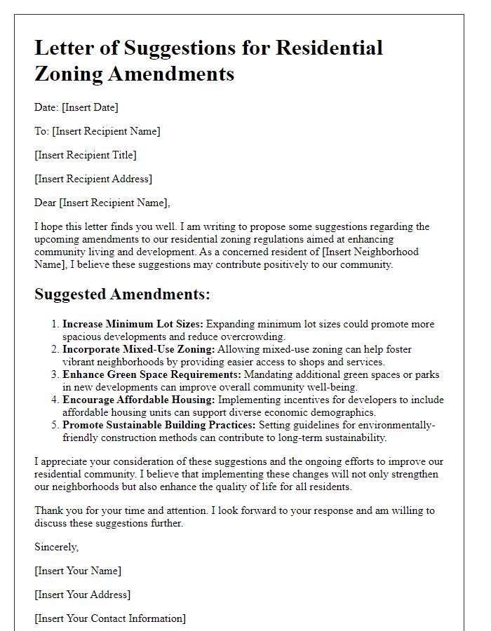 Letter template of suggestions for residential zoning amendments