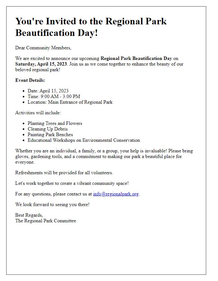 Letter template of event announcement for regional park beautification day.