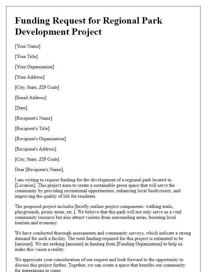 Letter template of funding request for regional park development project.