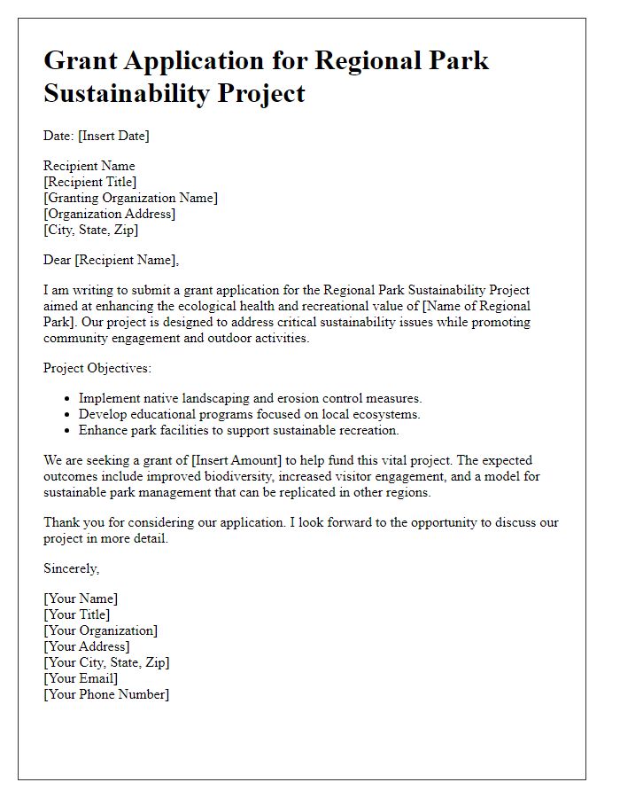 Letter template of grant application for regional park sustainability project.