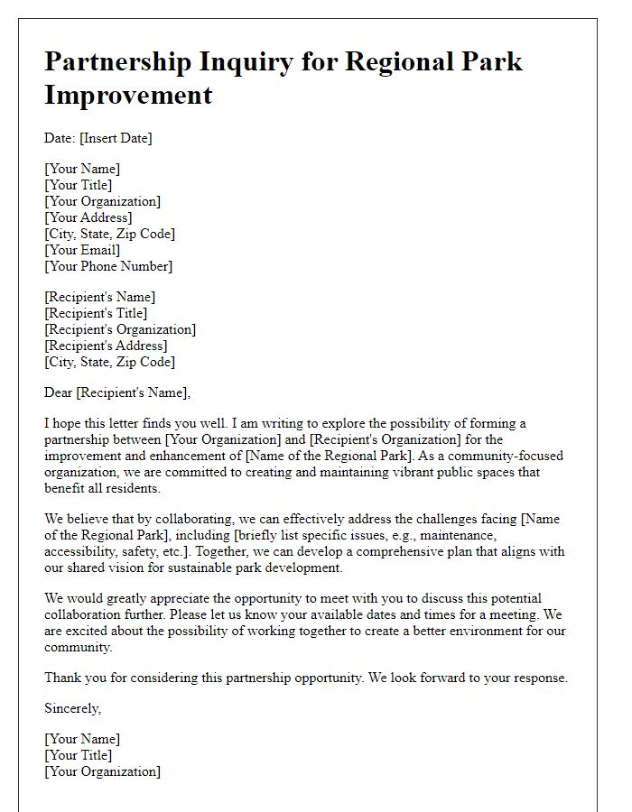 Letter template of partnership inquiry for regional park improvement collaboration.