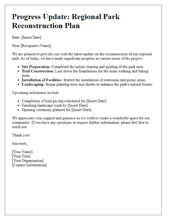 Letter template of progress update for regional park reconstruction plan.