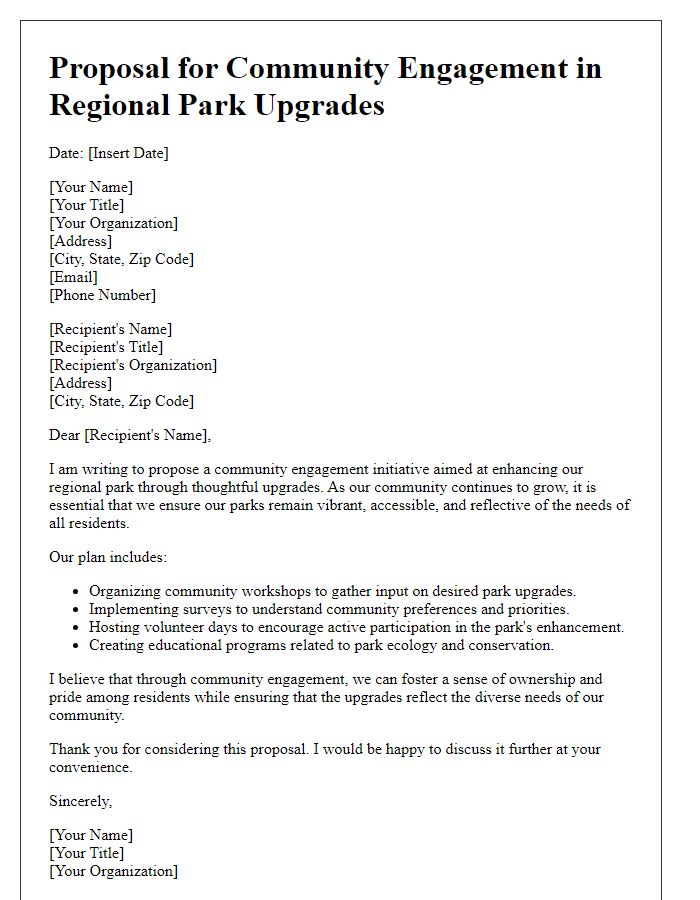 Letter template of proposal for community engagement in regional park upgrades.