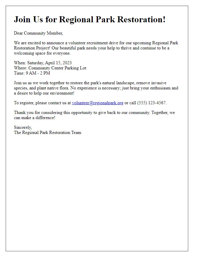 Letter template of volunteer recruitment for regional park restoration efforts.