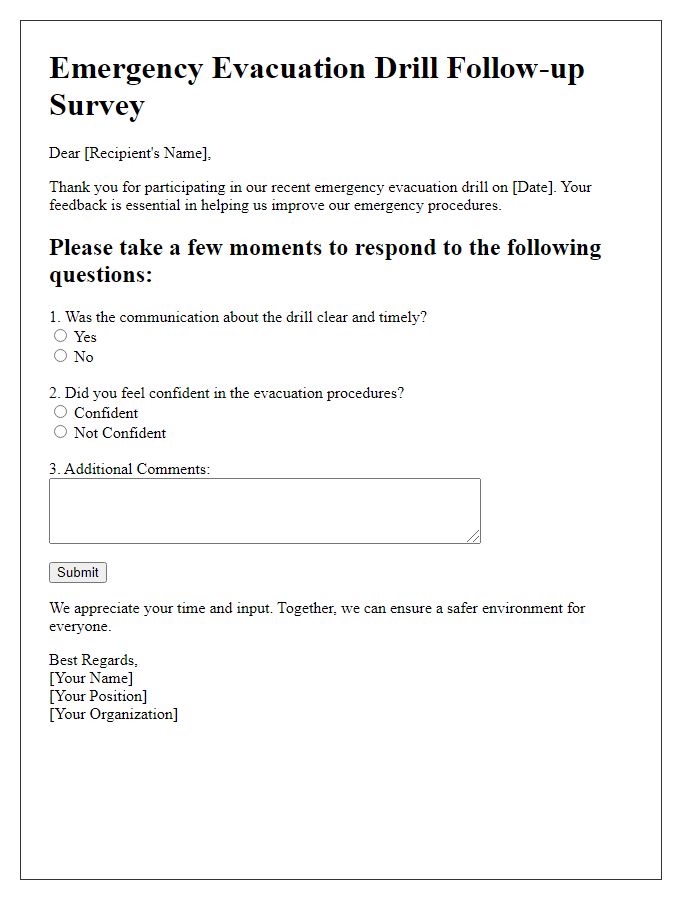 Letter template of emergency evacuation drill follow-up survey