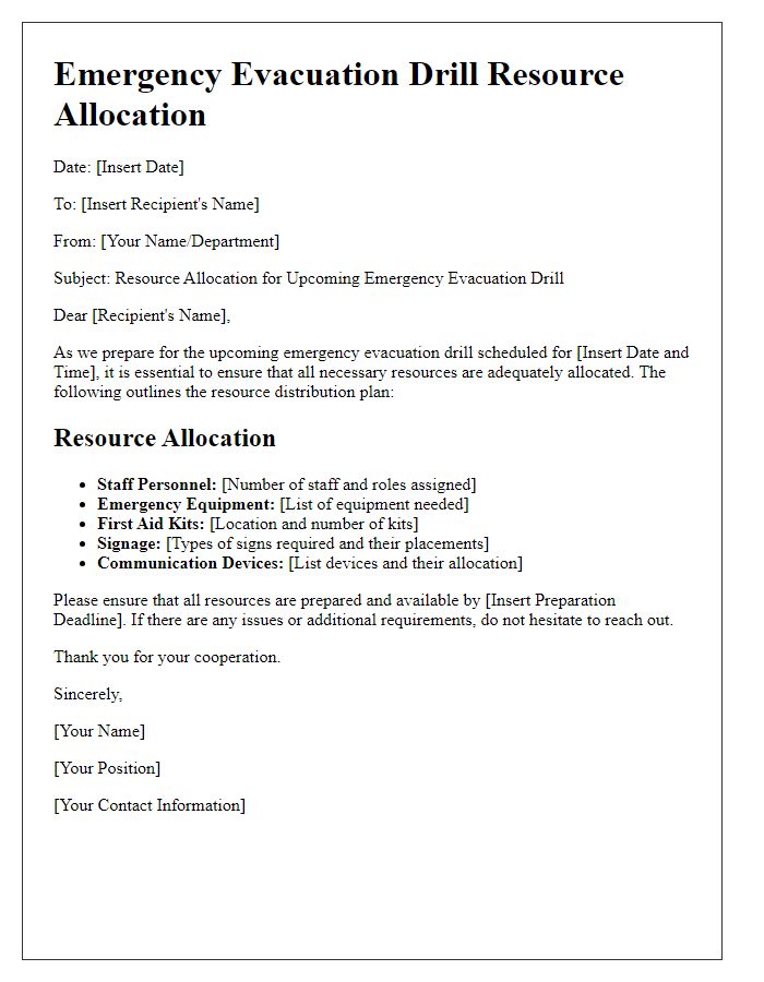 Letter template of emergency evacuation drill resource allocation