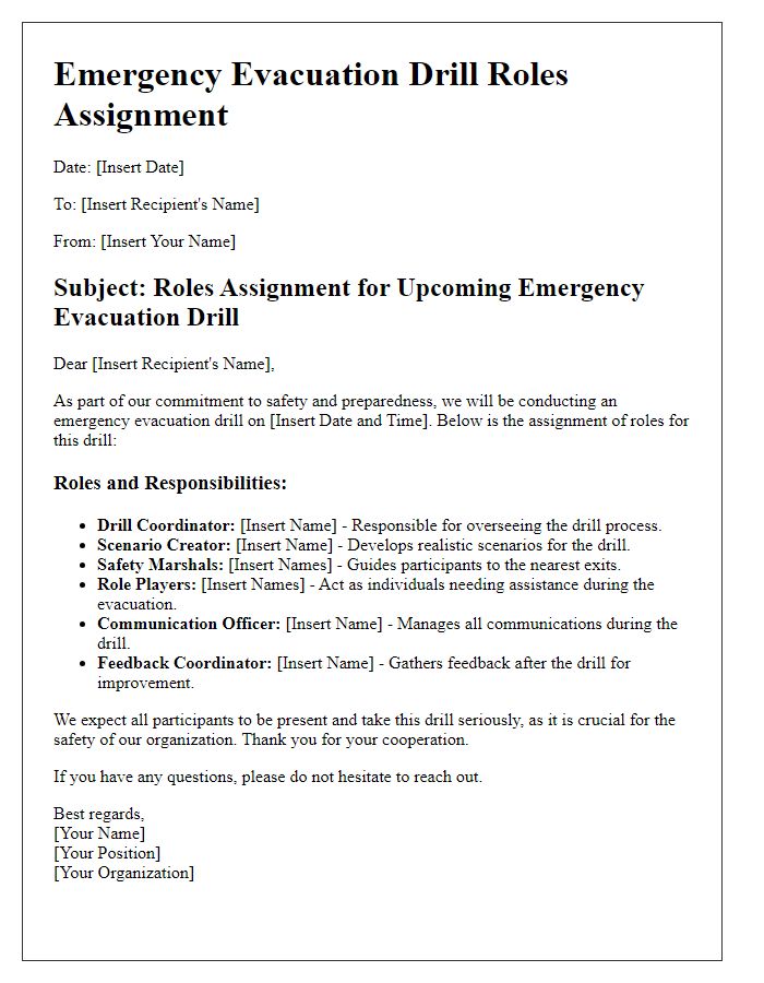 Letter template of emergency evacuation drill roles assignment