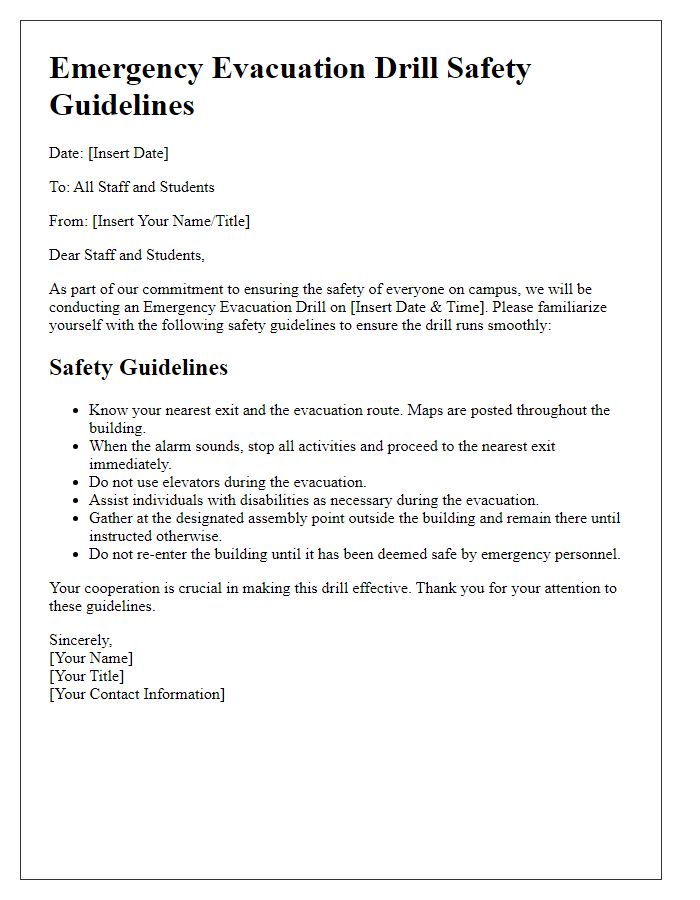 Letter template of emergency evacuation drill safety guidelines