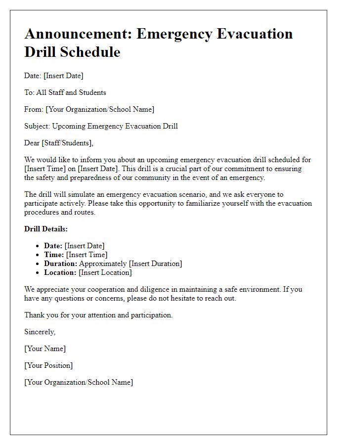 Letter template of emergency evacuation drill schedule announcement