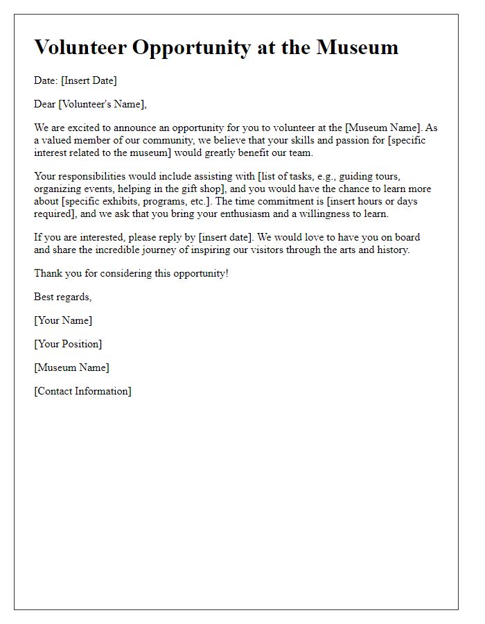 Letter template of Opportunity to Volunteer at the Museum