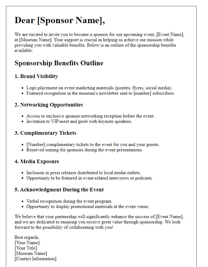 Letter template of museum event sponsorship benefits outline for sponsors