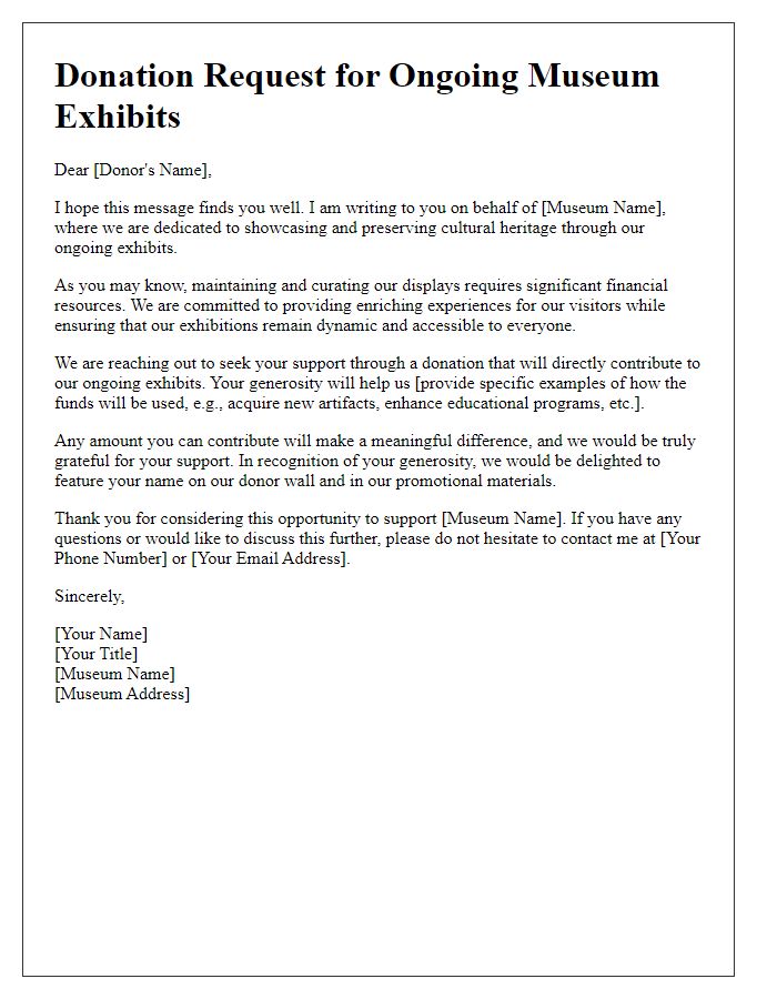 Letter template of donation request for ongoing museum exhibits