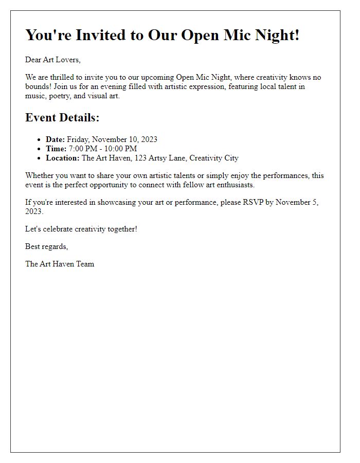 Letter template of open mic night invitation for art lovers