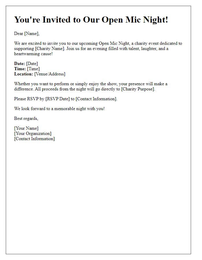 Letter template of open mic night invitation for charity events