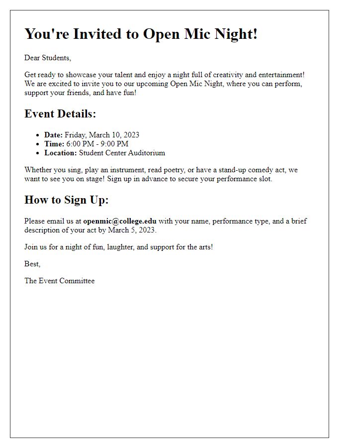 Letter template of open mic night invitation for college students