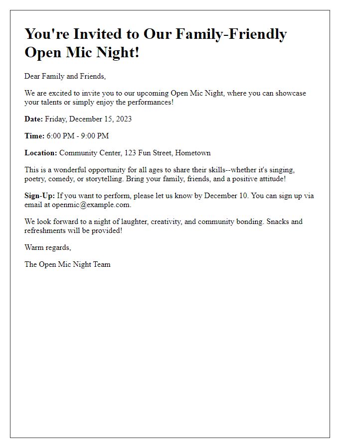 Letter template of open mic night invitation for family-friendly gatherings