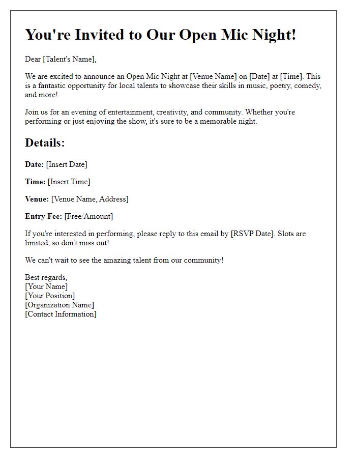 Letter template of open mic night invitation for local talent showcase