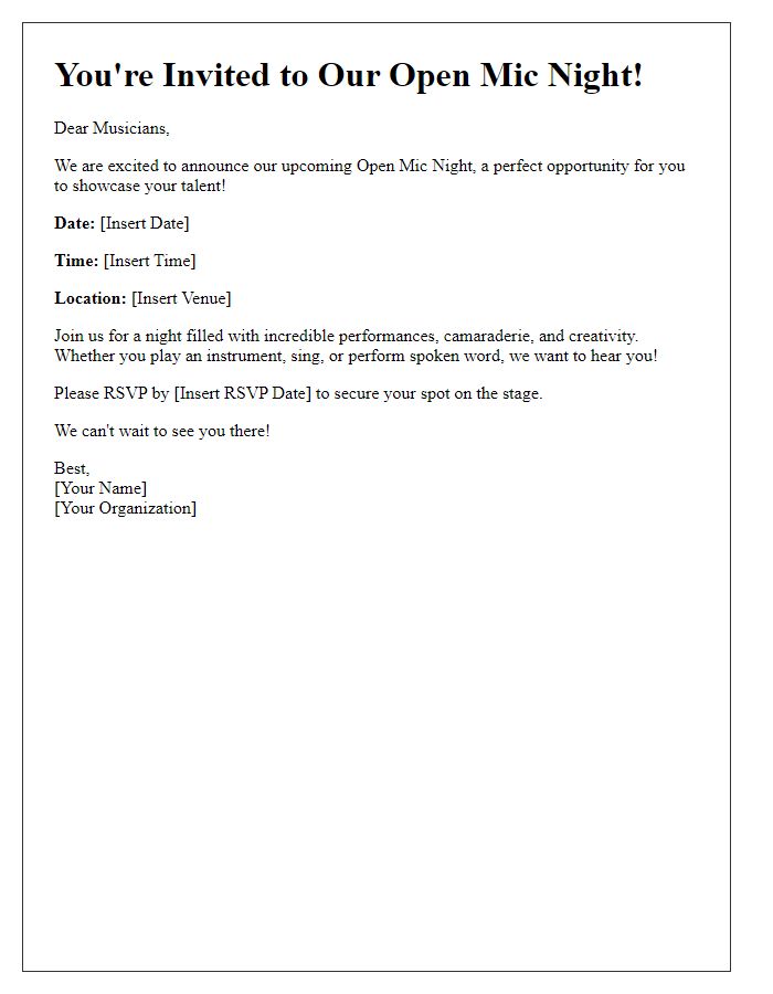 Letter template of open mic night invitation for musicians