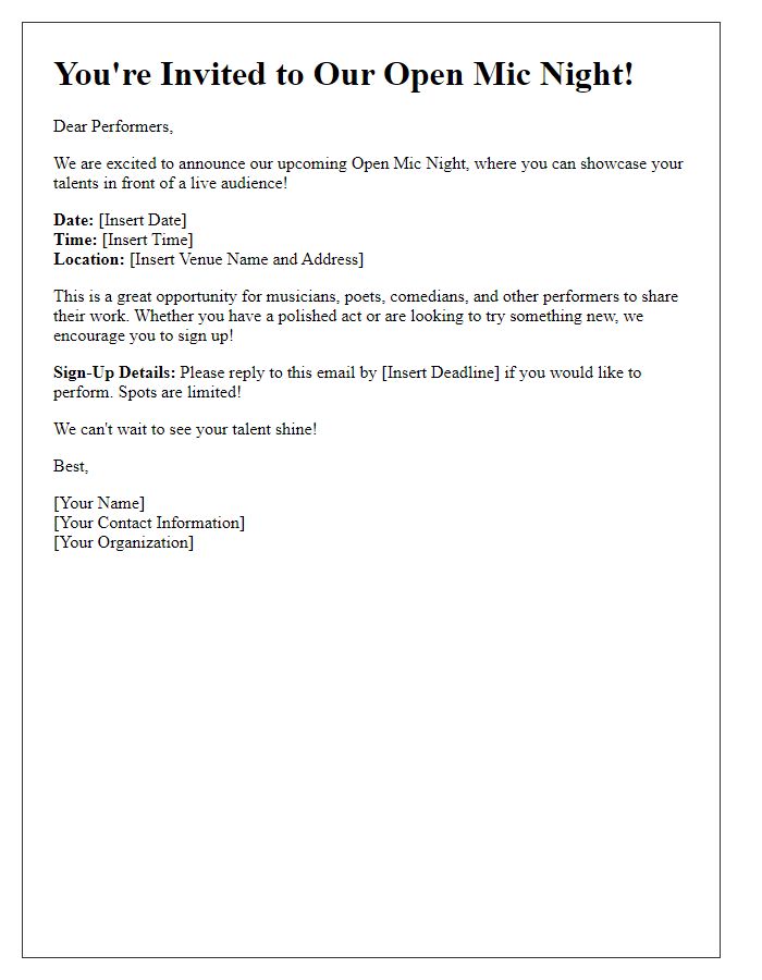 Letter template of open mic night invitation for performers