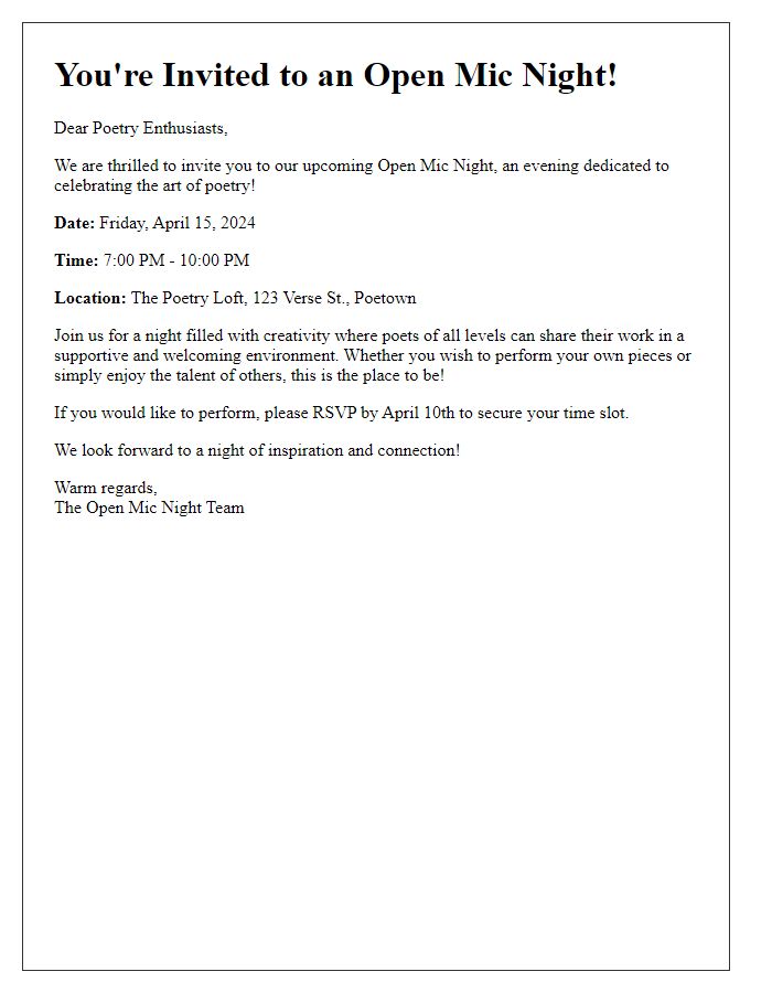 Letter template of open mic night invitation for poetry enthusiasts