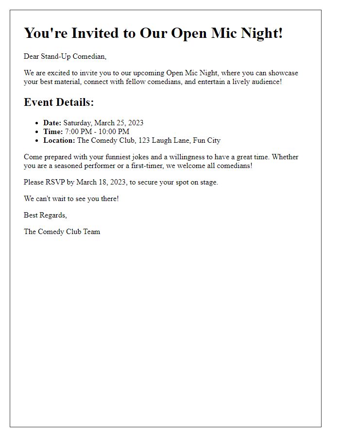 Letter template of open mic night invitation for stand-up comedians